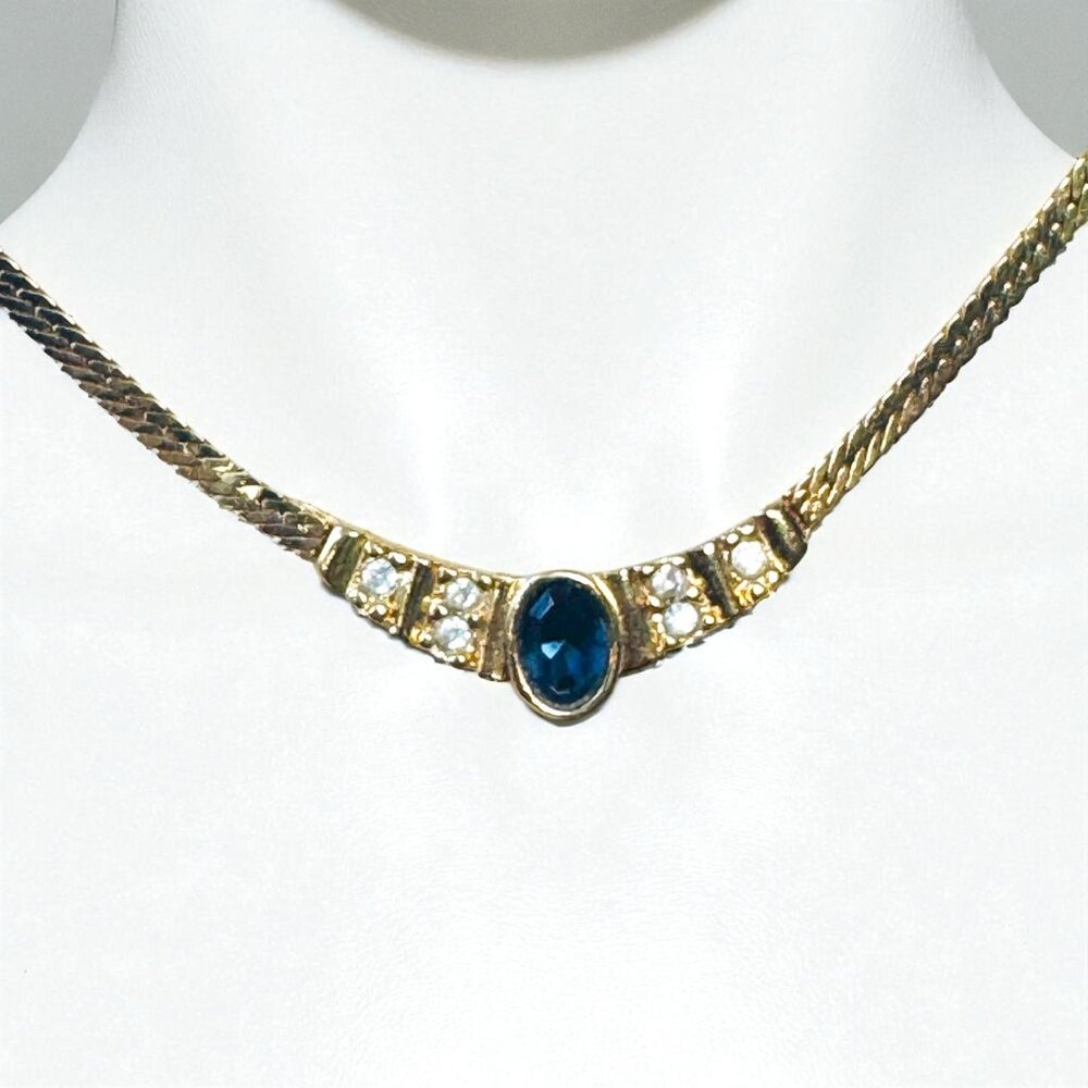 Vintage Avon 80s Blue Sapphire & Rhinestones Gold-Tone Choker Necklace - Picture 3 of 9